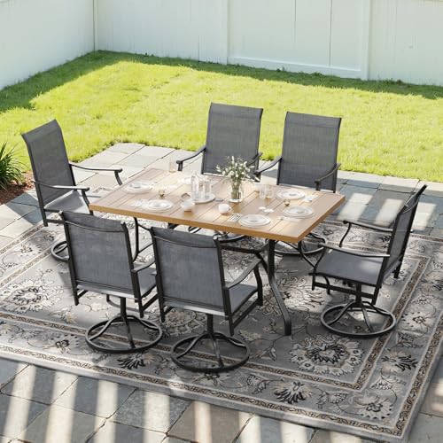 Image of Soohow 7-Piece Outdoor Dining Set, Patio Dining Table and Chairs Set for 6, 6 x Swivel Patio Chairs and 60 inchx35 inch Dining Table with 1.57 inch Umbrella Hole, Wood-Like, Ideal for Poolside, Backyard, Deck