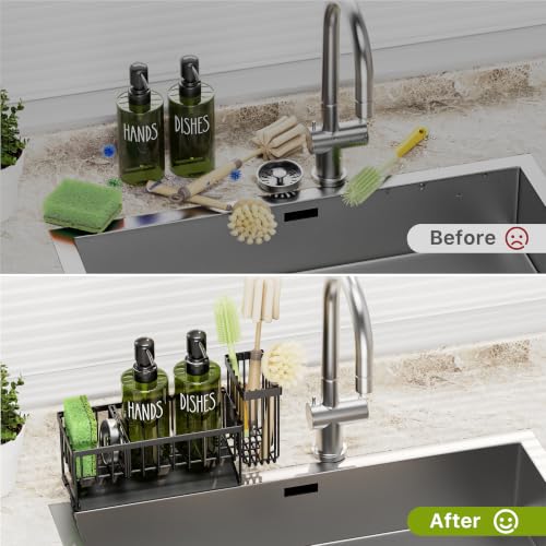 Image of MASADI Kitchen Dish Soap Dispenser Set with Sponge Holder, 12OZ Glass Bottle, Hand and Dish Soap Dispenser Set, Non-Slip Silicone Pad, Brush Holder, Kitchen Sink Organizer Countertop (Black+Green)