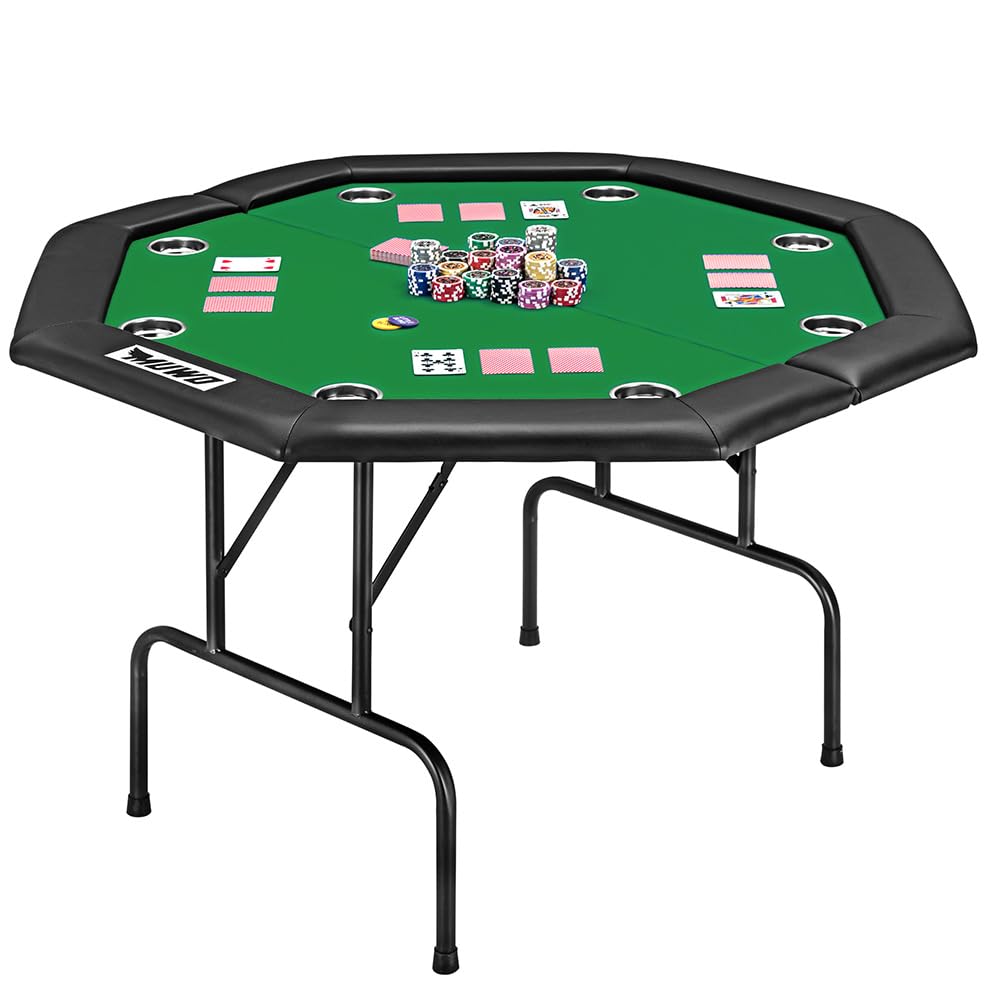 MUWO klappbarer Pokertisch für 8 Spieler – Achteckiger Spieltisch mit Filzbezug, Getränkehaltern und gepolsterter Armlehne – Robustes Stahlgestell, platzsparend lagerbar (Grün)