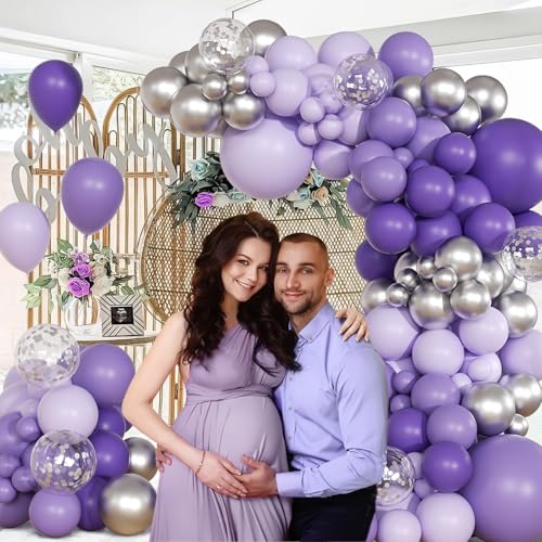 Image of 147pcs Purple Balloon Garland Arch Kit, Different Sizes with Dark Purple Light Purple Metallic Silver Confetti Lavender Latex Balloons for Baby Shower Wedding Birthday Party Decorations