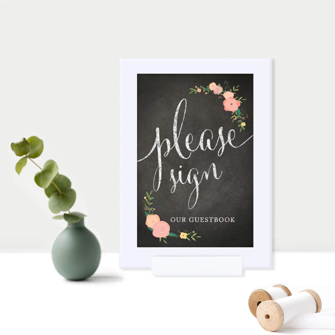 Andaz Press Framed Wedding Party Signs, Chalkboard Floral Roses Print, 4x6-inch, Please Sign our Guestbook, 1-Pack, Includes Frame