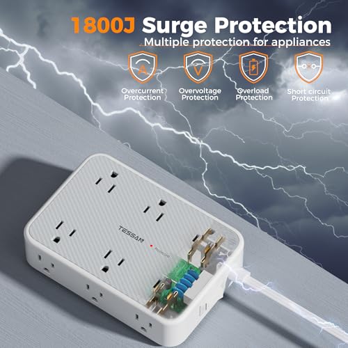 Image of TESSAN Surge Protector Power Strip, 15FT Flat Extension Cord