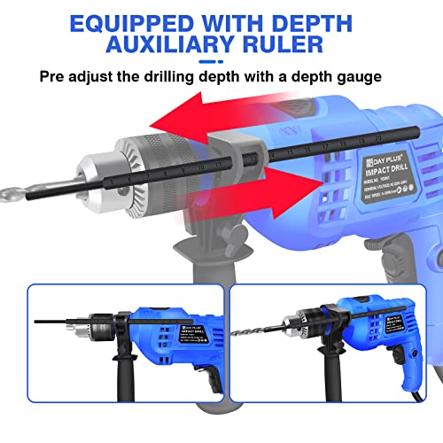 Power 230V 850W Rotary Hammer Drill Set, Wood Concrete Steel Stone Electric Breaker with 360° Rotatable Side Handle 3000rpm Variable Speed Depth Gauge 13mm Chuck and Drill Bits(5/6/8mm) - Image 4