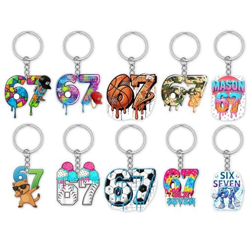 10 Stück 67 Meme Schlüsselanhänger Set Acryl Six Seven Schlüsselanhänger Cool Steal a Brainrot Kreativ Taschen Anhänger Bag Charms Lustige Geschenke für 67 Fans Frauen Mädchen 6×6 cm