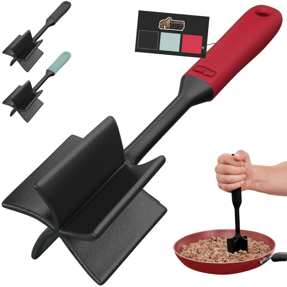 GORILLA GRIP Patented Heat Resistant Meat Chopper, Soft Handle, Nonstick Hamburger Smasher, Break Apart Food, Safe on All Cookware Ground Beef Grinder, Non Scratch Potato Masher Kitchen Tool, Red