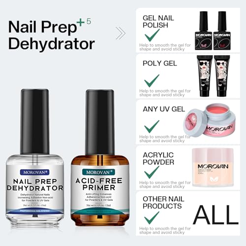 Morovan Professional Natural Nail Prep Dehydrate and Acid-Free Primer, Dehydrator for Acrylic and Gel Nail Polish, Non Acid Primer for UV Gels Fast Dry Superior Bonding Agent Gift Box Set - Image 7