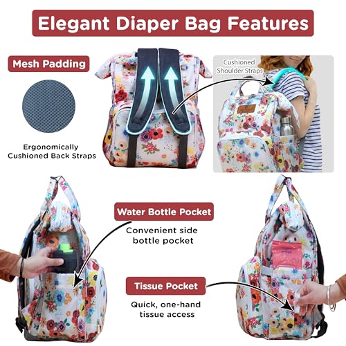 Image of Motherly Patented Diaper Bag Backpack for Moms | Waterproof Baby Travel & Maternity Bag | Spacious Nappy Bag with Insulated Bottle Pockets & Warranty (Floral Series)