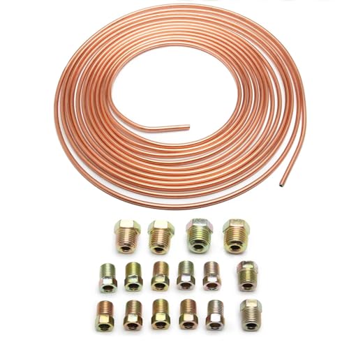 Crozgan Brake Pipe Copper Coated Steel Tubing with 16 Nuts 3/16 x 25ft/7.62m Copper Plated Brake Pipe for Connecting Brake Lines