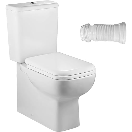 WinZo WZ5813 Rear Outlet Toilet Two Piece Square Design with Dual Flush 1.1/1.6 GPF P Trap Wall Discharge for Bathroom, White