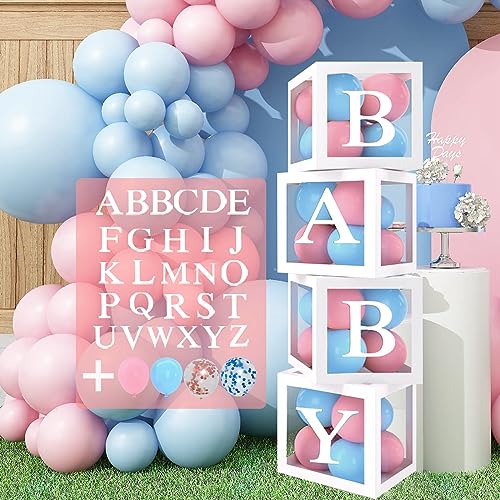 Set Gender Reveal Party Decoration, Arche Ballon Avec Ballon Bleu et Rose, Ballon Confettis, Cube Baby Shower Avec 4 Boite Baby et Lettres, Arche a Ballon Pour...
