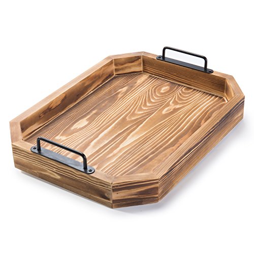 MyGift Rustic Burnt Wood 16-Inch Serving Tray with Metal Handles