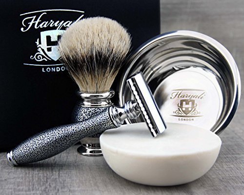 Haryali London Antiquheit srebrny zestaw do golenia – 5-częściowy zestaw do golenia – podwójna maszynka do golenia – szczotka do golenia z włosia borsuka – mydło do golenia i miska do golenia – ołówek