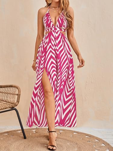 Image of SweatyRocks Women's High Split Tie Backless Cut Out Halter Maxi Dresses Boho Vacation Long Dress