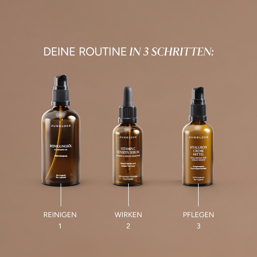 JUNGLÜCK Set Fahlen Teint ausgleichen | Reinigungsöl + Vitamin C Sensitiv Serum + Hyaluron Creme Mittel – Glow, ausgewogener Teint & Pflege