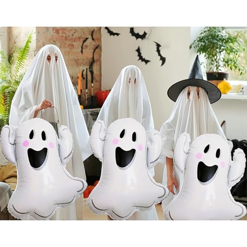 Image of Halloween Ghost Balloons, White Ghost Shaped Foil Balloons, Large Mylar Balloons for Trick or Treat Halloween Props Party Decoration Supplier, Birthday Party Balloons Sets 3Pcs