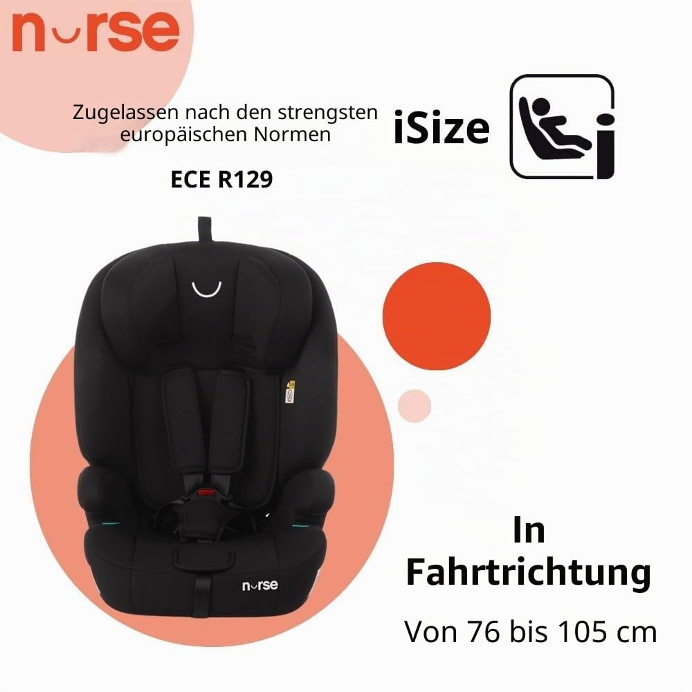 Jané Nurse Grip Kindersitz i-Size 76–150 cm, 2–12 Jahre, ohne Isofix, Gurtbefestigung, 9-fach Verstellbar, Gruppe 1 2 3, Schwarz