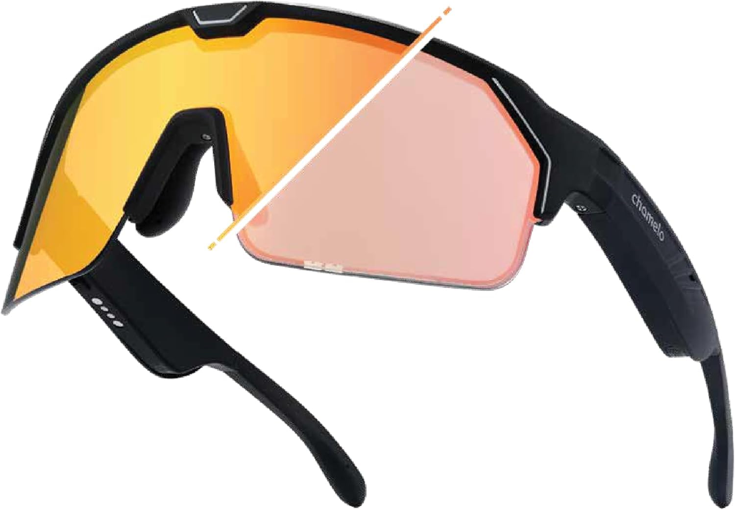 Photo 1 of CHAMELO Music Shield Smart Audio Sunglasses Matte Black Frame, Fire Lenses | Open-Ear Bluetooth Glasses for Men & Women with Electronic Tint Control, Sweat Proof, Sports Eyewear, 100% UV Protection