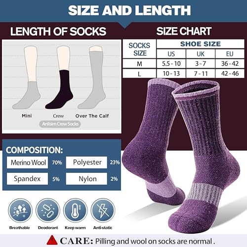 Image of Anlisim Merino Wool Hiking Running Socks for Women, Boot Work Crew Socks