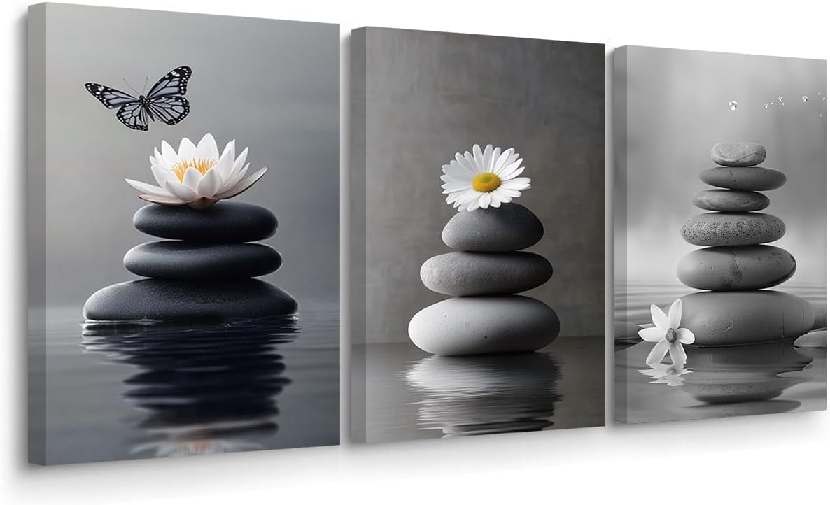 BJYCHG Black and White Zen Wall Art 3 Pieces Stones in Water Picture Canvas Print for Bathroom Spa Stone Painting Yoga Meditation Room Decor Framed (White, 16x24inchx3 Pieces)