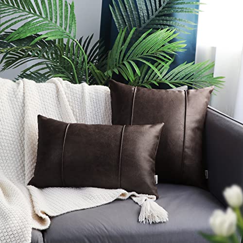 Image of BRAWARM Coffee Leather Throw Pillow Covers 20 X 20 Inches - Faux Leather Pillow Cover with Piping, Hand Stitched Leather Throw Pillow for Couch Sofa Bed Living Room Home Decorative
