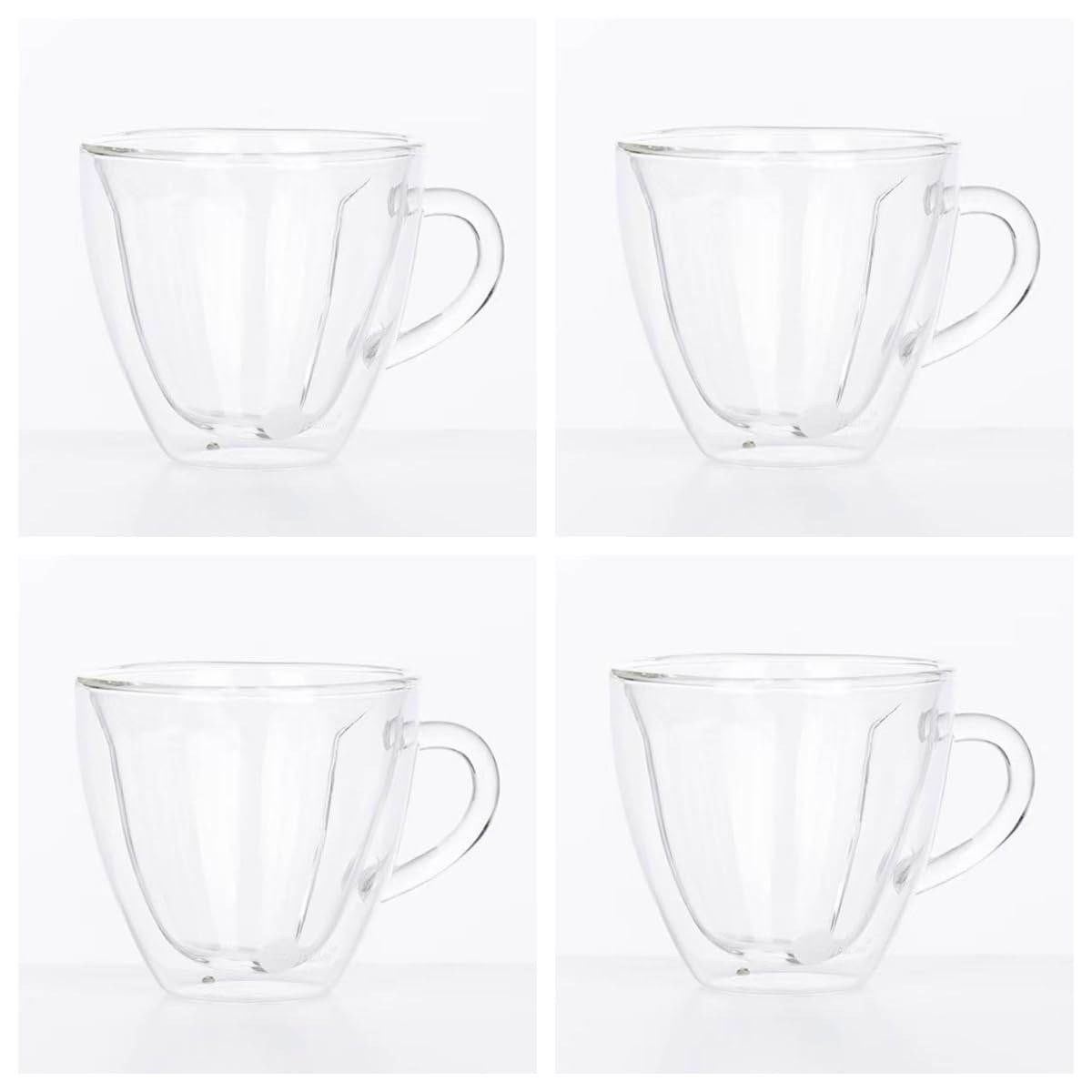 Heart-Shaped Double Wall Glass Coffee Mugs, 6oz/180ml Set of 4, Insulated Espresso Cups with Handles for Espresso, Macchiato, Stylish Coffee Mugs