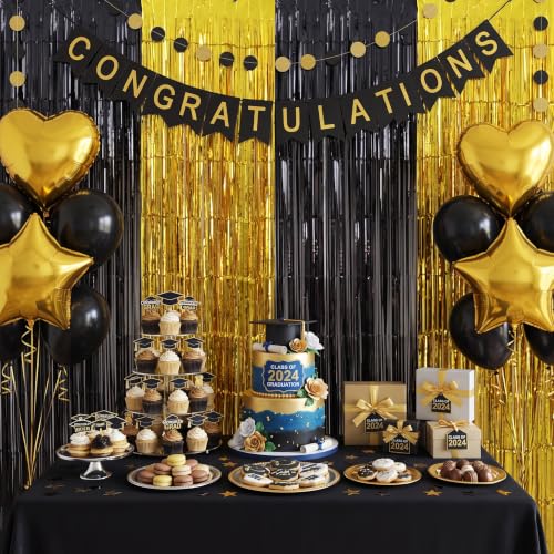 Image of TONIFUL 2Pcs Black and Gold Metallic Tinsel Foil Fringe Curtains Streamers | 3.3ftx6.6ft Photo Booth Backdrop Tinsel Streamer Curtain, Props for Bachelorette Birthday New Year Graduation Christmas Decor