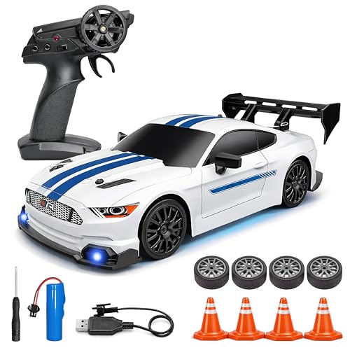 Image of 2.4GHz Remote Control Drift Racing Car Toy for Kids with LED Lights - 4WD 20Kmph RC Drifting Car with Extra Rubber Tires, Cones Barriers & Rechargeable Battery - Color and Design As Per Stock