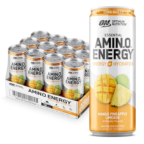 Optimum Nutrition Amino Energy Sparkling Hydration Drink, Electrolytes, Caffeine, Amino Acids, BCAAs, Sugar Free, Mango Pineapple Limeade, 12 Fl Oz, 12 Pack (Packaging May Vary)