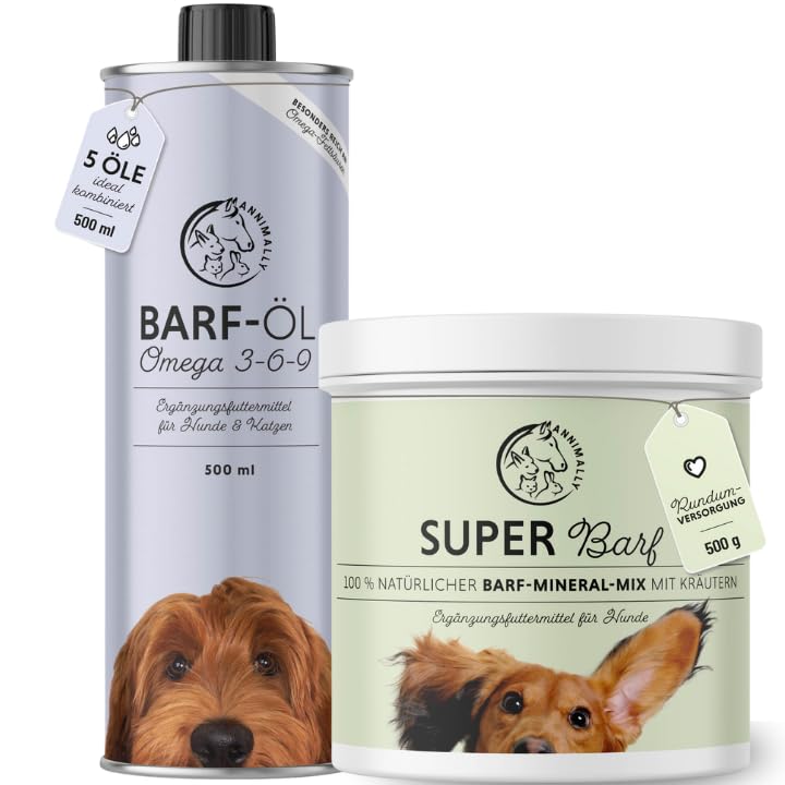 Annimally BARF-Box für Hunde mit Barf Öl 500ml & Super-BARF Pulver Mix 500g für die optimale Versorgung und ideale Ergänzung zur Rohfütterung, natürliche Nährstoffversorgung für BARF & Frischfütterung