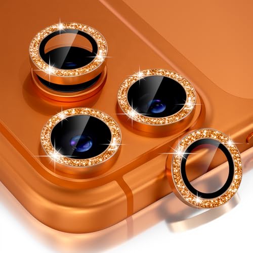 Choiche Compatible for iPhone 17 Pro/iPhone 17 Pro Max Camera Lens Protector Bling 9H Tempered Glass Camera Cover Screen Protector Metal Ring Decoration Accessories (Glitter-Orange)