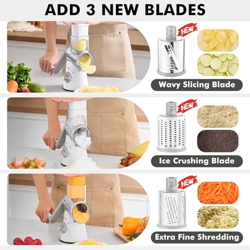 Image of GDL Cheese Grater Hand Crank - Upgraded 6-in-1 Cheese Grater with Handle and Strong Suction Base, Multi-purpose Cheese Shredder Vegetable Slicer Ice Shaver for Potato, Vegetables, Nuts, Chocolate