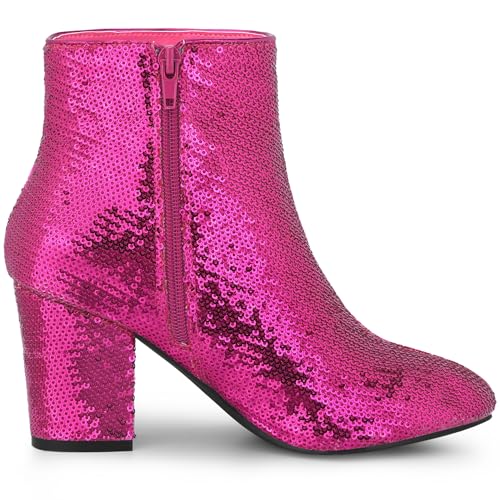 Allegra K Allegra K Women's Round Toe Block Heels Hot Pink Ankle Sequin Boots 10 M US