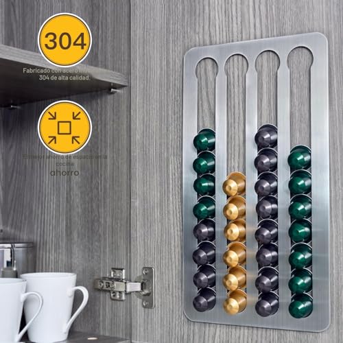 Miniatura 6 de Judongju Dispensador De Cápsulas Nespresso Adhesivo En Acero, Capacidad Para 40 Cápsulas, 40.6x21.8cm, Compatible Con Línea Original, Ideal Para Paredes Cocinas - Instalación Sin Perforar