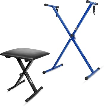 5 CORE Keyboard Stand Stool Combo Height Adjustable Key Board Stands 2" Thick Padded Foldable Piano Musician Chair Set for On Stage Studio - KS 1X BLU+KBB 02 BLK