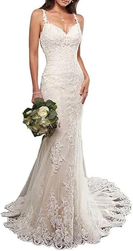 Meerjungfrau Hochzeitskleid Lange Spitze Rückenfreies Hochzeitskleid Zivilbüro Brautkleider, Elfenbein, 40 Meerjungfrau Hochzeitskleid Lange Spitze Rückenfreies Hochzeitskleid Zivilbüro Brautkleider, Elfenbein, 40