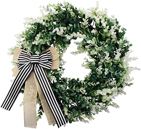 Door Wreaths Front Porch Decor White Tip Artificial Lifelike Eucalyptus Birthday Wreath Bow White Black Buffalo Plaid Burlap,Spring Summer Wreath Decoration Window Farmhouse Garden Decor 17inch
