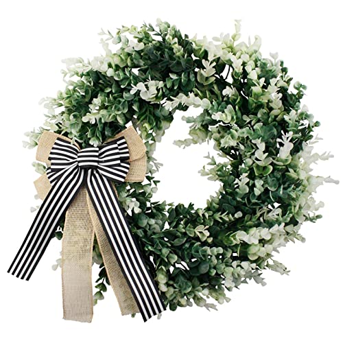 Door Wreaths Front Porch Decor White Tip Artificial Lifelike Eucalyptus Birthday Wreath Bow White Black Buffalo Plaid Burlap,Spring Summer Wreath Decoration Window Farmhouse Garden Decor 17Inch #TOP23
