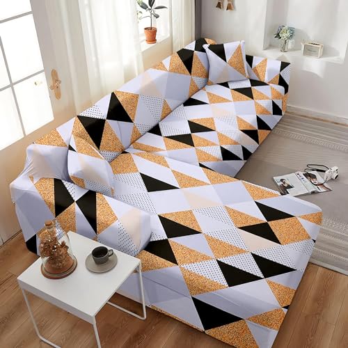 Image of Amazon Brand - Solimo L-Shaped Sofa Printed Slipcover | 2 Pieces Elastic Sofa Cover | High Density Stretch Fabric | Universal Fit (Cream)