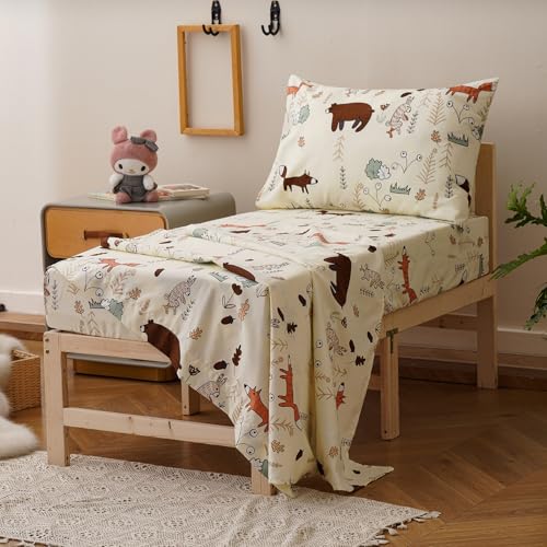 Image of Luxlovery Toddler Comforter Set Cartoon Bear Printed Kids Children Yellow Bedding Set Bed Set for Dorm Kid's Bedroom 4 Pieces (1 Comforter, 1 Flat Sheet, 1 Fitted Sheet, 1 Pillowcase)