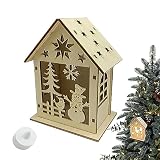 JPSDOWS Inicio LED de Madera de Navidad, LED Casa de Navidad Alce y Muñecos de Nieve, Luz LED incorporada y Decoración tallada en la cavidad para Regalo para Niños