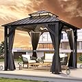 GARTOO 8.5x8.5FT Outdoor Hardtop Gazebo with Double Roof - Heavy-Duty Galvanized Steel Top Gazebo with Breathable Netting & Privacy Curtain for Patio, Porch, Garden, Lawn, Deck, Backyard