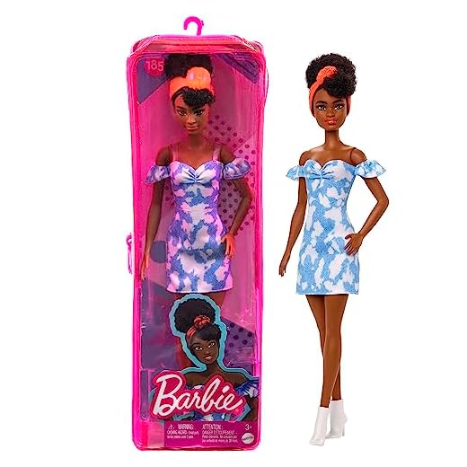 Barbie Fashionistas Doll #185 with Black Up-Do Hair, Bleached Denim Dress, Boots & Headband Accessory
