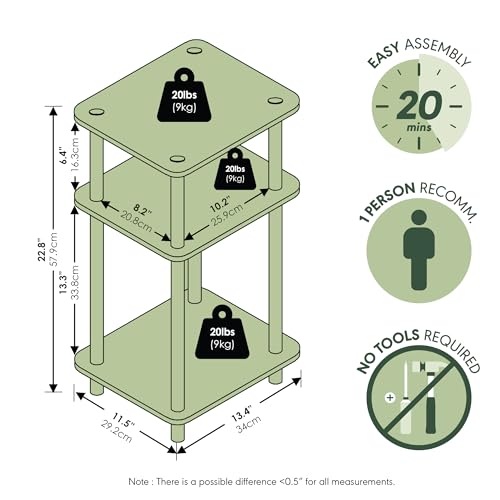 Furinno JUST Side Table, 3-Tier End Table, Open Shelves Night Stand, Bedside Table, Toolless Assembly, for Living Room, Bedroom, Bathroom, White(Espresso) | with Plastic Poles, 1-Pack