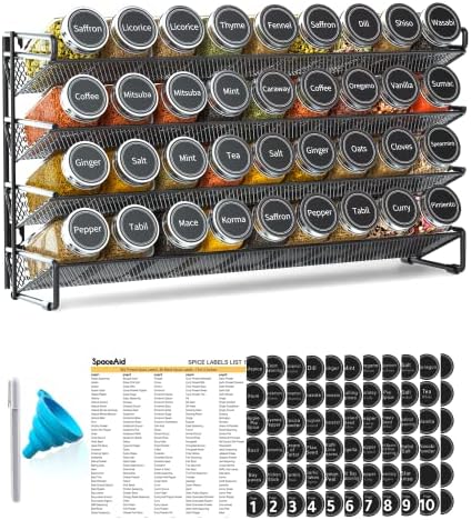 SpaceAid Spice Rack Organizer with 36 Spice Jars, 386 Spice Labels, Chalk Marker and Funnel Set for Cabinet, Countertop, Pantry, Cupboard or Door & Wall Mount – 36 Jars, 17.2″ W × 10.8″ H, Black