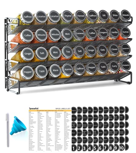 Image of SpaceAid Spice Rack Organizer with 36 Spice Jars, 386 Spice Labels, Chalk Marker and Funnel Set for Cabinet, Countertop, Pantry, Cupboard or Door & Wall Mount - 36 Jars, 17.2 inch W x 10.8 inch H, Black