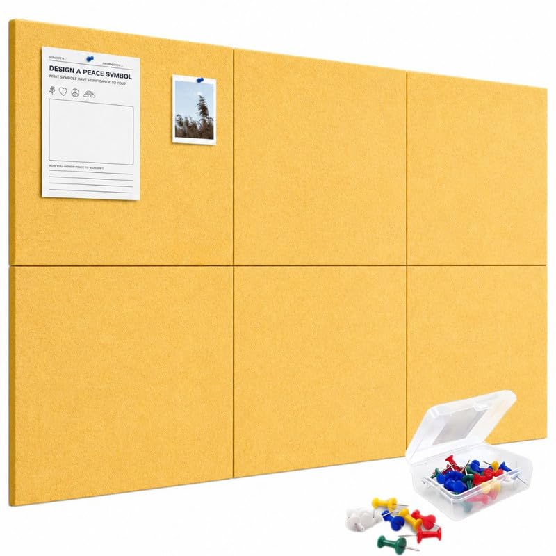 Image of QUIET CANVAS Acoustic Wall Square Pinboard, 1x1ft, Pack6, 50PushPins Yellow