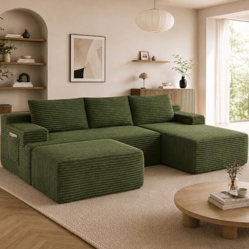 Image of Boneless Couch, Modular Sectional Couches for Living Room, U-Shaped Cloud Couch Sofa with Deep Seat, Fluffy Corduroy Upholstered Corner Sofa
