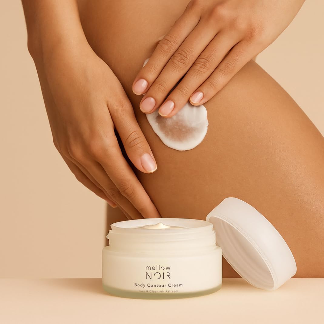 mellow NOIR Body Contour Cream 200ml – Körpercreme gegen Cellulite und Schlaffe Haut – Für feste Konturen an Bauch, Beinen und Oberarmen – zieht schnell ein ohne zu fetten – Naturkosmetik - vegan