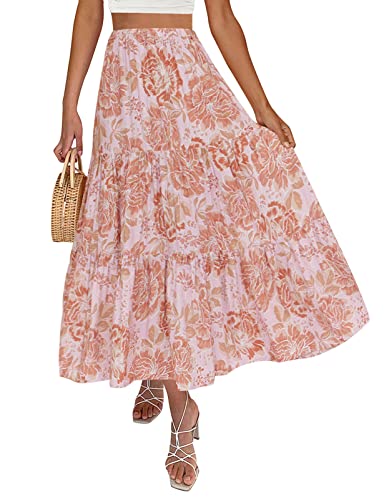 ZESICA Women's 2025 Summer Plaid Flower Elastic High Waist Flowy A Line Maxi Skirt with Pockets