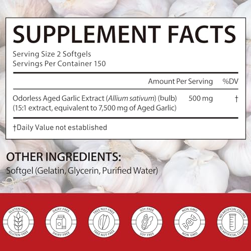 Knoblauch Kapseln - Geruchloser Gelagerter Knoblauch Extrakt - 7500mg Äquivalent pro Portion (15:1 Extrakt) - 300 Weichkapseln - Unterstützt Herz, Kreislauf & Immunsystem - Knoblauchkapseln